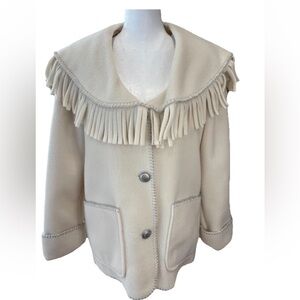 Aqua Sheen Ivory fringed collar jacket western boho ladies size PXS VTG polyeste